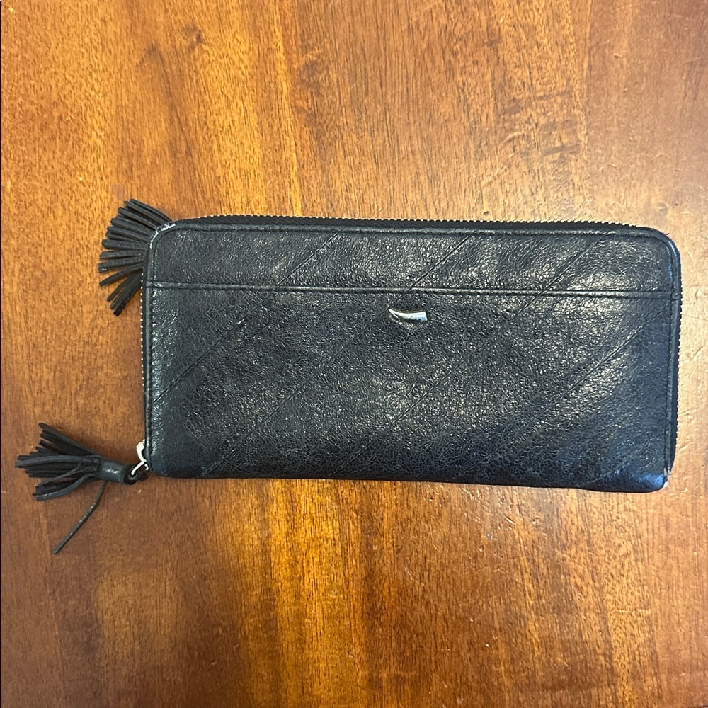 Tusk Black Long Zipper Organizer Wallet with Tassels Gold Hardware